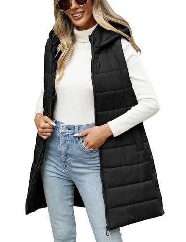 RITOSTA Damen Weste Lang mit Kapuze Steppweste Winter Herbst Warme Daunenweste Lange Winterjacke Ärmellose Casual Longweste Leichte Übergangsweste mit Reißverschluss(Schwarz,XL) von RITOSTA