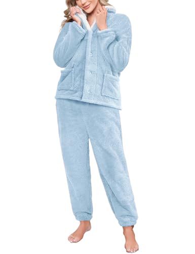 RITOSTA Fleece Schlafanzug Damen Lang Winter Thermo Pyjama Set Kuschel Schlafanzug Flauschig Hausanzug Warm Freizeitanzug PjS Revers Nachtwäsche(Blau,M) von RITOSTA
