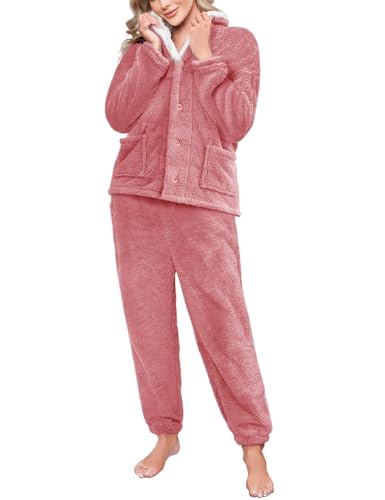 RITOSTA Fleece Schlafanzug Damen Lang Winter Thermo Pyjama Set Kuschel Schlafanzug Flauschig Hausanzug Warm Freizeitanzug PjS Revers Nachtwäsche(Rosa,S) von RITOSTA
