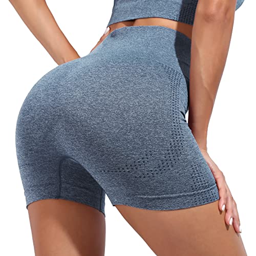 RITOSTA Kurze Sporthose Damen Radlerhose Yogahose Laufhose Kurz Leggings Hotpants Blickdicht Hohe Taille Sportshorts für Sommer Yoga Fitness Joggen Training(Blau grau,M) von RITOSTA