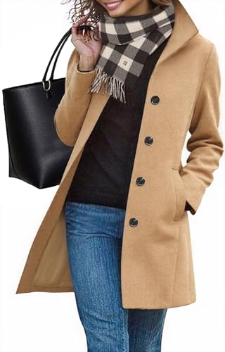 RITOSTA Mantel Damen Wintermantel Lang Winterjacke Klassischem Wintercoat Revers Übergangsjacke Knielang Trenchcoat Elegant Jacke Herbst Winter Outwear mit Knopf(Khaki,M) von RITOSTA