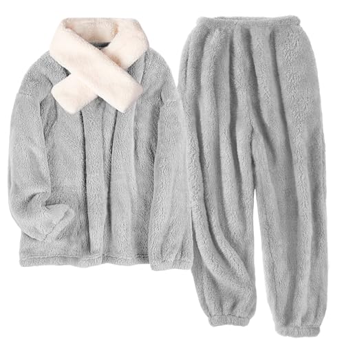 RITOSTA Schlafanzug Damen Lang Pyjama Winter Fleece Hausanzug Warm Kuschel Schlafanzug Kuschelig Flauschiger Loungewear Thermo Pyjamas Sets mit Schals Flauschig Freizeitanzug (Grau B, XXL) von RITOSTA