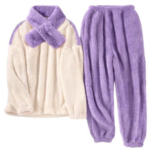 RITOSTA Schlafanzug Damen Lang Pyjama Winter Fleece Hausanzug Warm Kuschel Schlafanzug Kuschelig Flauschiger Loungewear Thermo Pyjamas Sets mit Schals Flauschig Freizeitanzug von RITOSTA