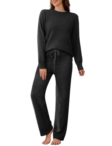 RITOSTA Schlafanzug Damen Lang Pyjama Winter Fleece Schlafanzug Kuschel Warm Hausanzug Plüsch Pyjama Set Kuschelig Loungewear Flauschig Freizeitanzug Nachtwäsche PjS mit Rundhals von RITOSTA