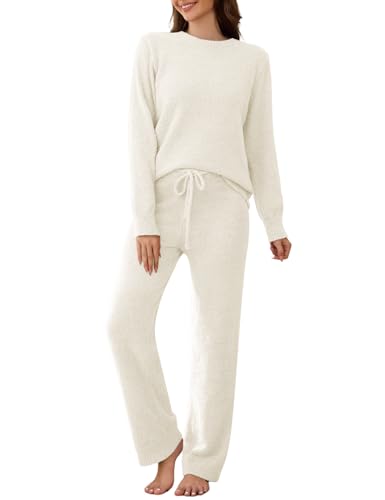RITOSTA Schlafanzug Damen Lang Pyjama Winter Fleece Schlafanzug Kuschel Warm Hausanzug Plüsch Pyjama Set Kuschelig Loungewear Flauschig Freizeitanzug Nachtwäsche PjS mit Rundhals von RITOSTA