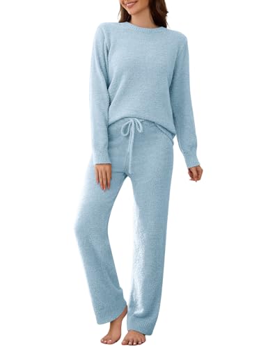 RITOSTA Schlafanzug Damen Lang Pyjama Winter Fleece Schlafanzug Kuschel Warm Hausanzug Plüsch Pyjama Set Kuschelig Loungewear Flauschig Freizeitanzug Nachtwäsche PjS mit Rundhals von RITOSTA