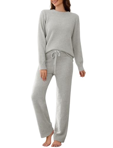 RITOSTA Schlafanzug Damen Lang Pyjama Winter Fleece Schlafanzug Kuschel Warm Hausanzug Plüsch Pyjama Set Kuschelig Loungewear Flauschig Freizeitanzug Nachtwäsche PjS mit Rundhals von RITOSTA