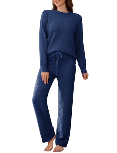 RITOSTA Schlafanzug Damen Lang Pyjama Winter Fleece Schlafanzug Kuschel Warm Hausanzug Plüsch Pyjama Set Kuschelig Loungewear Flauschig Freizeitanzug Nachtwäsche PjS mit Rundhals von RITOSTA