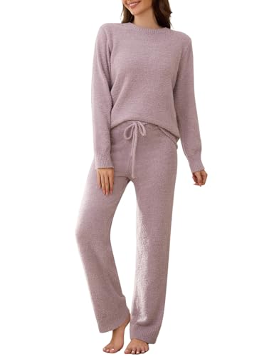 RITOSTA Schlafanzug Damen Lang Pyjama Winter Fleece Schlafanzug Kuschel Warm Hausanzug Plüsch Pyjama Set Kuschelig Loungewear Flauschig Freizeitanzug Nachtwäsche PjS mit Rundhals von RITOSTA