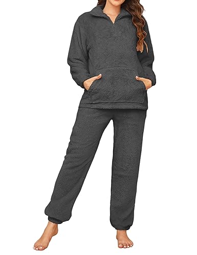RITOSTA Schlafanzug Damen Lang Winter Pyjama Warm Hausanzug Fleece Kuschel Schlafanzug Kuschelig Flauschiger Loungewear Thermo Pyjamas Sets mit Reißverschluss Flauschig Freizeitanzug Dunkelgrau M von RITOSTA