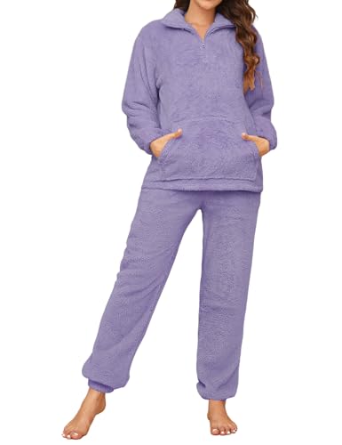 RITOSTA Schlafanzug Damen Lang Winter Pyjama Warm Hausanzug Fleece Kuschel Schlafanzug Kuschelig Flauschiger Loungewear Thermo Pyjamas Sets mit Reißverschluss Flauschig Freizeitanzug Lila S von RITOSTA