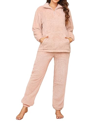 RITOSTA Schlafanzug Damen Lang Winter Pyjama Warm Hausanzug Fleece Kuschel Schlafanzug Kuschelig Flauschiger Loungewear Thermo Pyjamas Sets mit Reißverschluss Flauschig Freizeitanzug Rosa S von RITOSTA