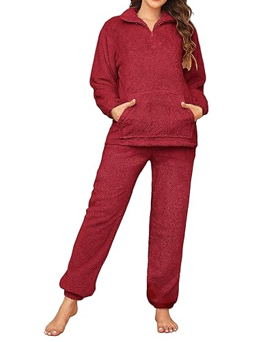 RITOSTA Schlafanzug Damen Lang Winter Pyjama Warm Hausanzug Fleece Kuschel Schlafanzug Kuschelig Flauschiger Loungewear Thermo Pyjamas Sets mit Reißverschluss Flauschig Freizeitanzug Rot S von RITOSTA