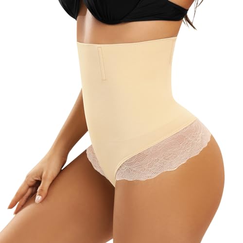 RITOSTA Shapewear Damen Bauchweg Unterhose Hohe Taille Miederhose Spitze Miederslip Mieder String Tanga Shaping Body Shaper Figurformende Formende Unterwäsche (Beige,M) von RITOSTA