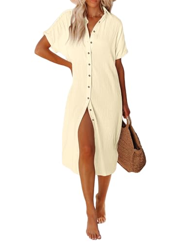RITOSTA Strandkleid Damen Lang Strandtunika Strandkleider Sommer Kaftan Strandponcho Tunika Kleid Strandurlaub Bikini Cover Up mit Tasten Bluse Hemd Freizeitkleid(Beige,L) von RITOSTA
