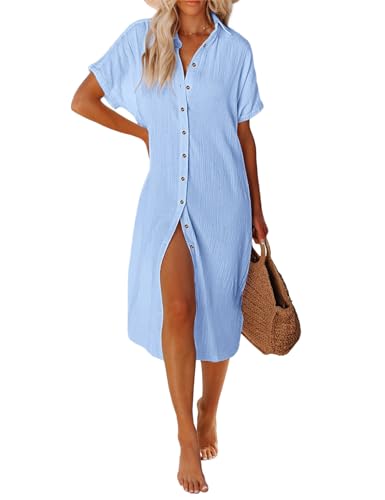 RITOSTA Strandkleid Damen Lang Strandtunika Strandkleider Sommer Kaftan Strandponcho Tunika Kleid Strandurlaub Bikini Cover Up mit Tasten Bluse Hemd Freizeitkleid(Blau,M) von RITOSTA