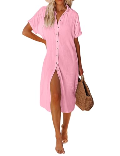 RITOSTA Strandkleid Damen Lang Strandtunika Strandkleider Sommer Kaftan Strandponcho Tunika Kleid Strandurlaub Bikini Cover Up mit Tasten Bluse Hemd Freizeitkleid(Rosa,M) von RITOSTA