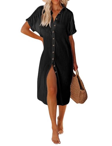 RITOSTA Strandkleid Damen Lang Strandtunika Strandkleider Sommer Kaftan Strandponcho Tunika Kleid Strandurlaub Bikini Cover Up mit Tasten Bluse Hemd Freizeitkleid(Schwarz,M) von RITOSTA