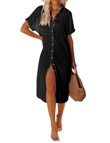 RITOSTA Strandkleid Damen Lang Strandtunika Strandkleider Sommer Kaftan Strandponcho Tunika Kleid Strandurlaub Bikini Cover Up mit Tasten Bluse Hemd Freizeitkleid(Schwarz,S) von RITOSTA