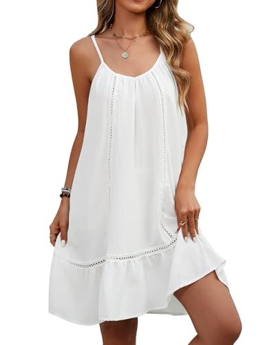 RITOSTA Strandkleid Damen Luftig Sommer Strandkleider Leichte Kleid Spaghettiträger Bikini Cover Up Strandtunika Knielang Strandponcho mit V Ausschnitt (Weiß,XL) von RITOSTA