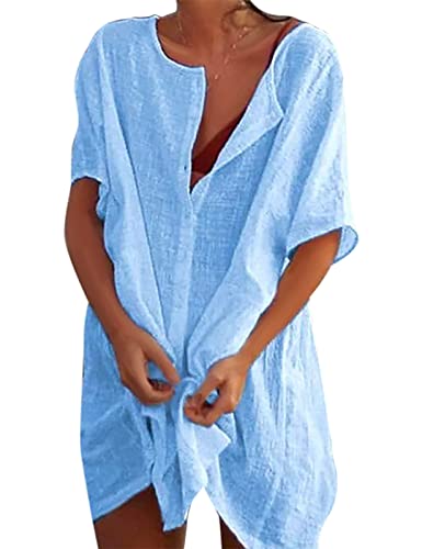 RITOSTA Strandkleid Damen Rund Ausschnitt Strandtunika Strandkleider Sommer Strandponcho Badeanzug Bikini Cover Up Strandurlaub Baumwolle Kleid Bademode Strand Vertuschen (Blau,L) von RITOSTA