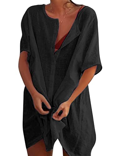 RITOSTA Strandkleid Damen Rund Ausschnitt Strandtunika Strandkleider Sommer Strandponcho Badeanzug Bikini Cover Up Strandurlaub Baumwolle Kleid Bademode Strand Vertuschen (Schwarz,L) von RITOSTA