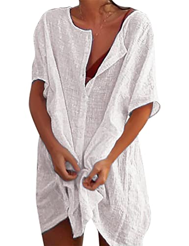 RITOSTA Strandkleid Damen Rund Ausschnitt Strandtunika Strandkleider Sommer Strandponcho Badeanzug Bikini Cover Up Strandurlaub Baumwolle Kleid Bademode Strand Vertuschen (Weiß,L) von RITOSTA