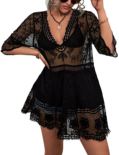 RITOSTA Strandkleid Damen mit Spitze Strandkleider Sommer V Ausschnitt Strandponcho Badeanzug Bikini Cover Up Strandtunika Strandurlaub Boho Kleid, Schwarz, One Size von RITOSTA