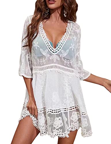 RITOSTA Strandkleid Damen mit Spitze Strandkleider Sommer V Ausschnitt Strandponcho Badeanzug Bikini Cover Up Strandtunika Strandurlaub Boho Kleid, Weiß, One Size von RITOSTA