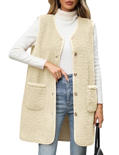 RITOSTA Teddy Fleece Weste Damen Lang Fleeceweste Herbst Winter Damenweste Warm Ärmellos Westen V-Ausschnitt Fellweste Leicht Lässig Plüschweste Knöpfen Teddyjacke Mit Taschen(Beige,L) von RITOSTA