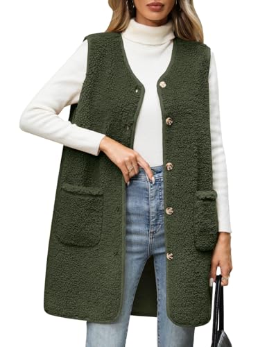 RITOSTA Teddy Fleece Weste Damen Lang Fleeceweste Herbst Winter Damenweste Warm Ärmellos Westen V-Ausschnitt Fellweste Leicht Lässig Plüschweste Knöpfen Teddyjacke Mit Taschen(Grün,M) von RITOSTA