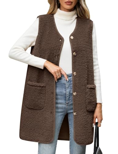 RITOSTA Teddy Fleece Weste Damen Lang Fleeceweste Herbst Winter Damenweste Warm Ärmellos Westen V-Ausschnitt Fellweste Leicht Lässig Plüschweste Knöpfen Teddyjacke Mit Taschen(Kaffee,XL) von RITOSTA