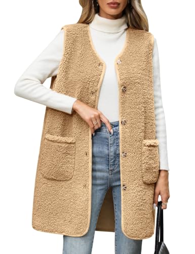 RITOSTA Teddy Fleece Weste Damen Lang Fleeceweste Herbst Winter Damenweste Warm Ärmellos Westen V-Ausschnitt Fellweste Leicht Lässig Plüschweste Knöpfen Teddyjacke Mit Taschen(Kaki,XXL) von RITOSTA