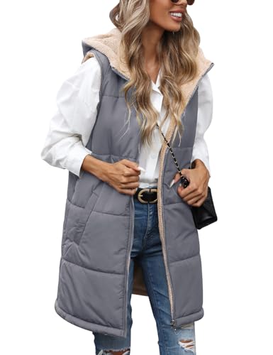 RITOSTA Weste Damen Lang Winterjacke Ärmellose Fleecejacke Warme Steppweste Winter Herbst Daunenweste Lang Steppjacke Casual Longweste Wintermantel mit Kapuze Reißverschluss(Grau Blau,M) von RITOSTA