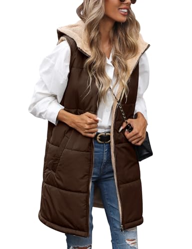 RITOSTA Weste Damen Lang Winterjacke Ärmellose Fleecejacke Warme Steppweste Winter Herbst Daunenweste Lang Steppjacke Casual Longweste Wintermantel mit Kapuze Reißverschluss von RITOSTA