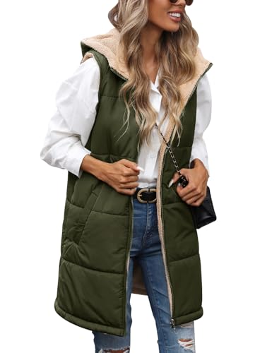RITOSTA Weste Damen Lang Winterjacke Ärmellose Fleecejacke Warme Steppweste Winter Herbst Daunenweste Lang Steppjacke Casual Longweste Wintermantel mit Kapuze Reißverschluss von RITOSTA
