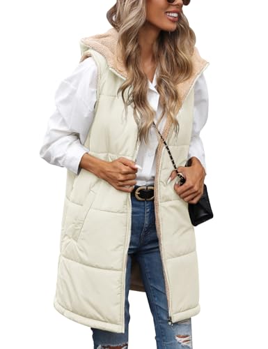 RITOSTA Weste Damen Lang Winterjacke Ärmellose Fleecejacke Warme Steppweste Winter Herbst Daunenweste Lang Steppjacke Casual Longweste Wintermantel mit Kapuze Reißverschluss von RITOSTA