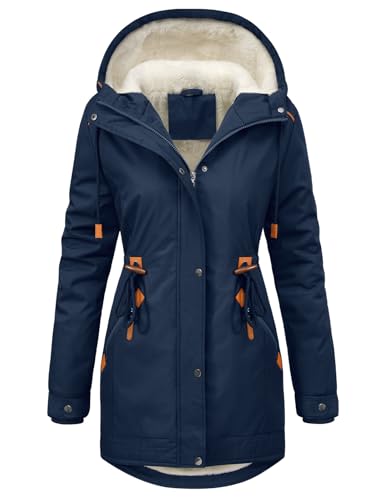 RITOSTA Winterjacke Damen Lang Parka Fleece Gefüttert Damen-Jacken Winter Wintermantel Warm Mantel Hooded Jacket Kapuzenjacke Winterparka Softshellmantel mit Kapuze Taschen(Marine,XXL) von RITOSTA