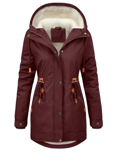 RITOSTA Winterjacke Damen Lang Parka Fleece Gefüttert Damen-Jacken Winter Wintermantel Warm Mantel Hooded Jacket Kapuzenjacke Winterparka Softshellmantel mit Kapuze Taschen(Rot,L) von RITOSTA