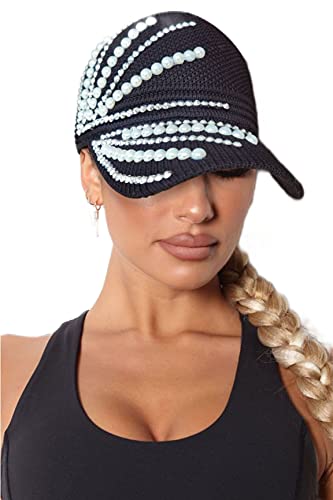 RITUMO Nieten Strass Kristalle Pferdeschwanz Hüte Bling Mesh Baseball Cap Modische Open Top Sonnenblenden Hut für Frauen, Schwarz/Weiß, Einheitsgröße von RITUMO