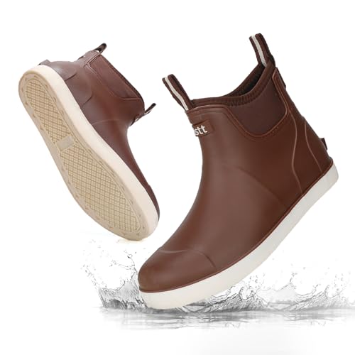 RIUETAR Herren Deckstiefel Wasserdicht Angeln Regenstiefel Anti-Rutsch Gummistiefel Stiefeletten Hochleistungsschuhe Chelsea Boots für Gartenarbeit Bootfahren Camping Segeln, Braun, 42.5 EU von RIUETAR