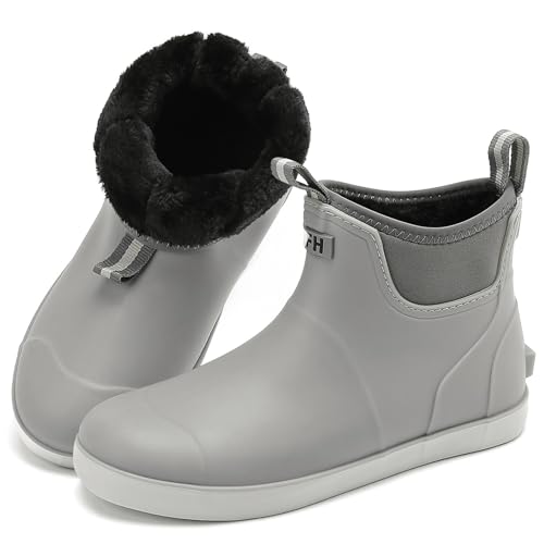 RIUETAR Herren Deckstiefel Wasserdicht Angeln Regenstiefel Anti-Rutsch Gummistiefel Stiefeletten Hochleistungsschuhe Chelsea Boots für Gartenarbeit Bootfahren Camping Segeln, Grau (flauschiges Futter von RIUETAR