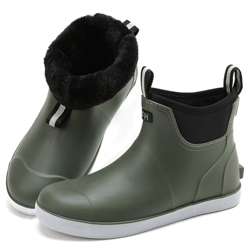 RIUETAR Herren Deckstiefel Wasserdicht Angeln Regenstiefel Anti-Rutsch Gummistiefel Stiefeletten Hochleistungsschuhe Chelsea Boots für Gartenarbeit Bootfahren Camping Segeln, Grün (flauschiges Futter von RIUETAR