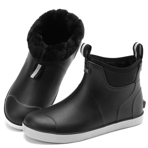 RIUETAR Herren Deckstiefel Wasserdicht Angeln Regenstiefel Anti-Rutsch Gummistiefel Stiefeletten Hochleistungsschuhe Chelsea Boots für Gartenarbeit Bootfahren Camping Segeln, Schwarz (flauschiges von RIUETAR