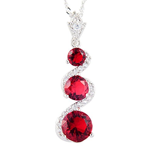 RIVA DREI-Stein Anhänger mit 45cm(18") Kette & Rundschliff Edelstein Zirkonia CZ [Rot Rubin] in 18K Weißes Gold Vergoldet, Einfache Moderne Eleganz von RIVA