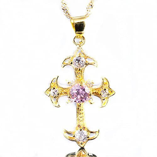 RIVA Kruzifix Kreuz Anhänger mit 45cm(18") Kette & Rundschliff Edelstein Zirkonia CZ [Rosa Saphir] in 18K Gelbgold Vergoldet, Einfache Moderne Eleganz von Rizilia