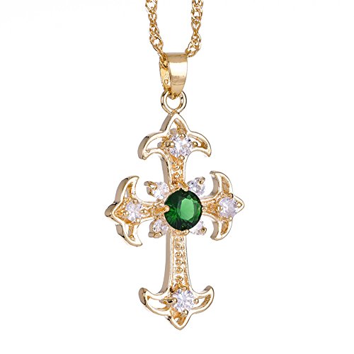 RIVA Kruzifix Kreuz Anhänger mit 45cm(18") Kette & Rundschliff Edelstein Zirkonia CZ [Grün Smaragd] in 18K Gelbgold Vergoldet, Einfache Moderne Eleganz von Rizilia