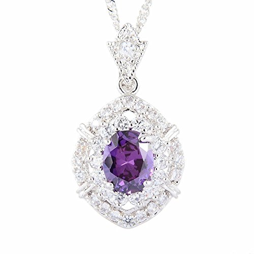 RIVA Anhänger mit 45cm(18") Kette & Ovalschliff Edelstein Zirkonia CZ [Lila Amethyst] in 18K Weißes Gold Vergoldet, Einfache Moderne Eleganz von RIVA