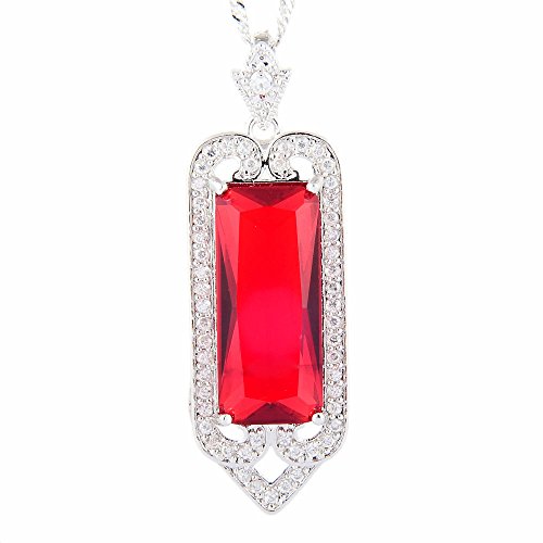 RIVA Anhänger mit 45cm(18") Kette & Rechteckschliff Edelstein Zirkonia CZ [Rot Rubin] in 18K Weißes Gold Vergoldet, Einfache Moderne Eleganz von Rizilia