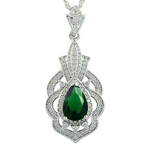 RIVA Anhänger mit 45cm(18") Kette & Tropfenschliff Edelstein Zirkonia CZ [Grün Smaragd] in 18K Weißes Gold Vergoldet, Einfache Moderne Eleganz von Rizilia